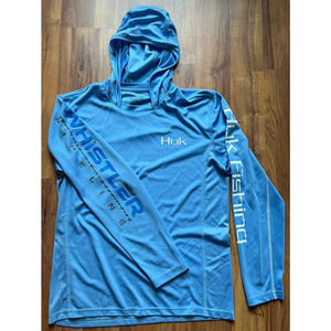 Huk Hooded Fishing Shirt Long Sleeve Medium Light Blue